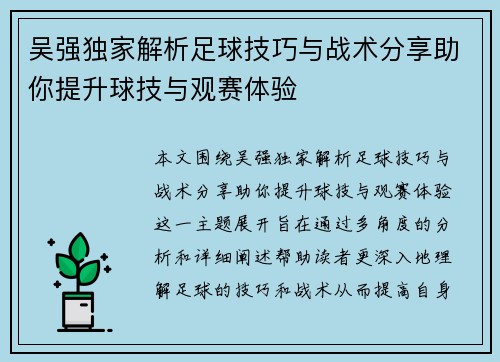 吴强独家解析足球技巧与战术分享助你提升球技与观赛体验